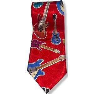 RUDEE RICCO Silk Tie ~ Rock & Roll ~ Electric Guitar ~ Shiny Red Necktie